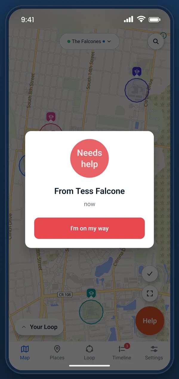 A parent's phone showing an alert: Needs help, from Tess Falcone, with a button saying I'm on my way.