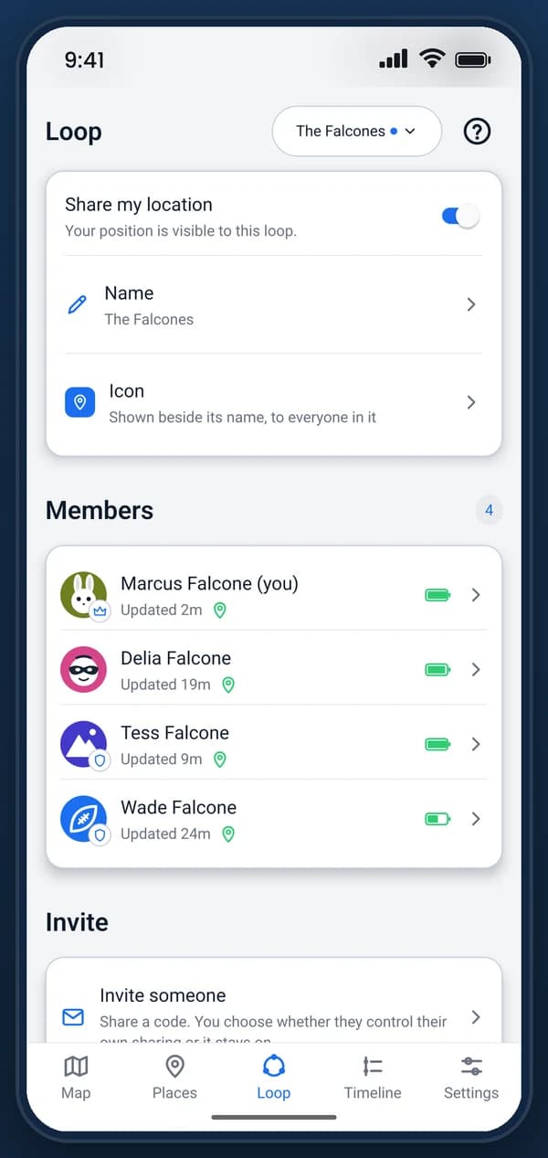 The loop screen: the switch for sharing your location, and every member who can see it.