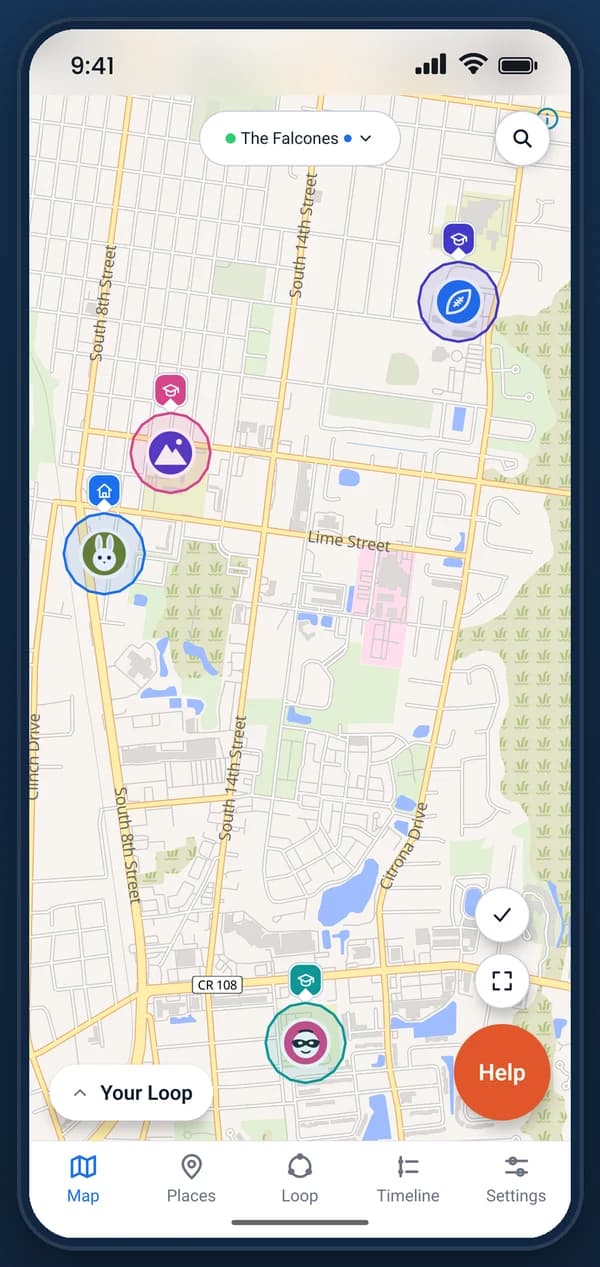 The map, with each member's avatar on a pin and the loop's places drawn as rings, each with its icon.