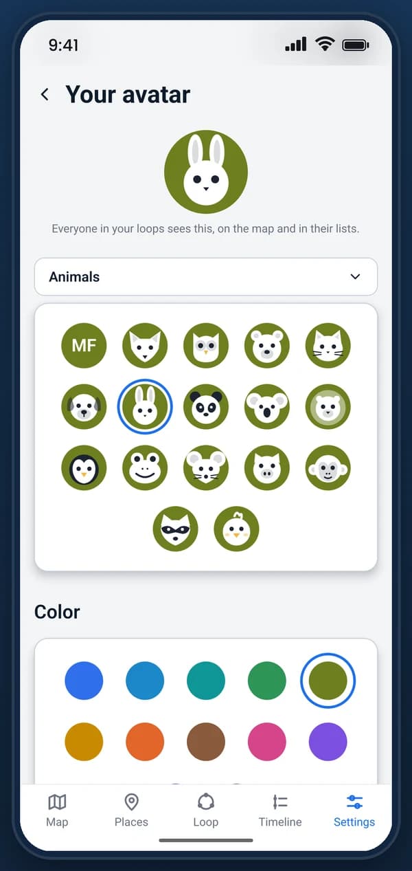 Choosing an avatar: a large preview, a grid of animal faces, and a row of colours.