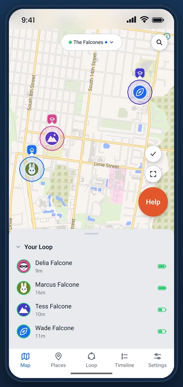 The list of members over the map, each with when they last reported and their battery level.