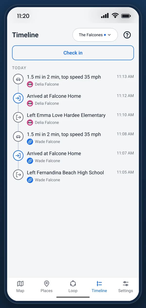 The timeline: arrivals, departures and check-ins, newest first, each with a name and a time.