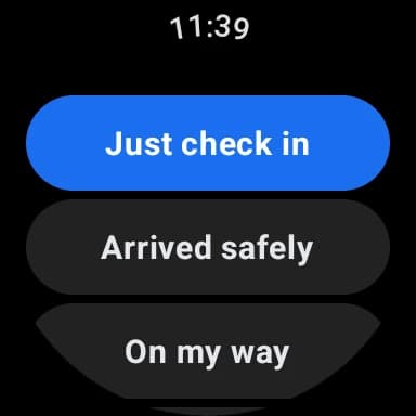 A list of check-ins to choose from: Just check in, Arrived safely, On my way, Running late.