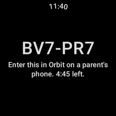 The watch's setup screen: a six-character code and how long it stays valid.